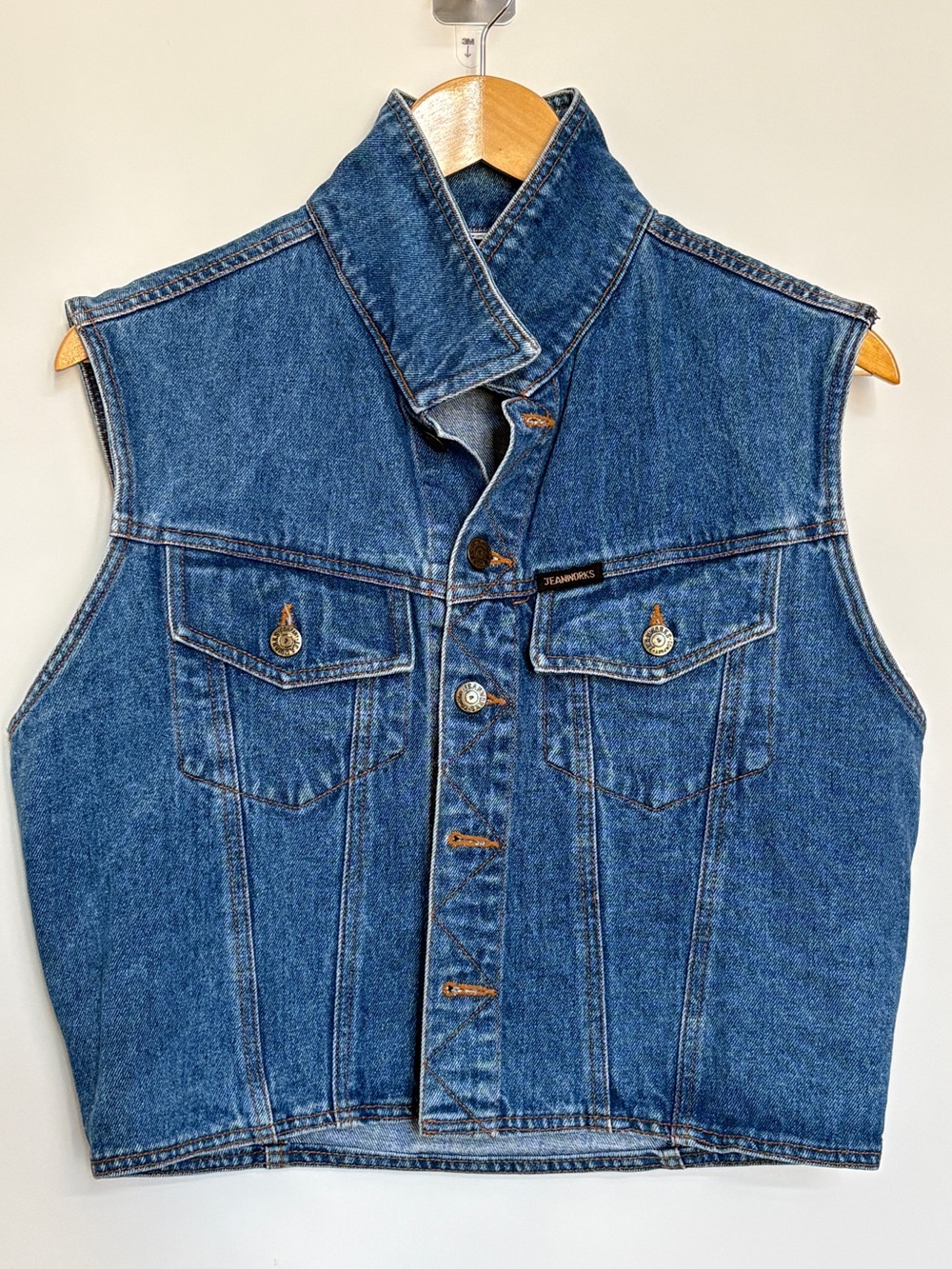 JEANWORKS Vintage Crop Denim Trucker Vest Sleeveless Jean Jacket Size L